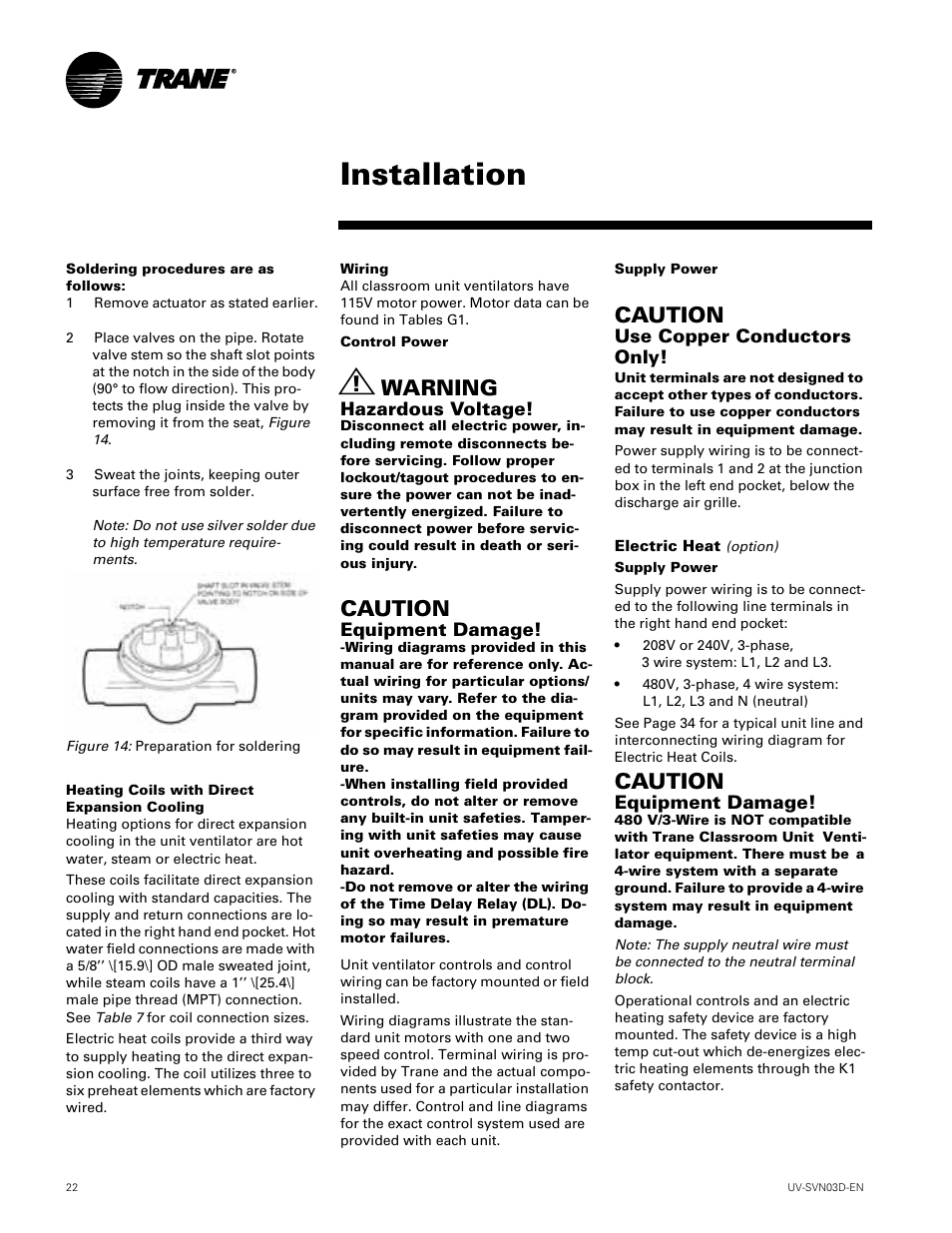 Installation, Warning, Caution | Trane VUV 750 CFM User Manual | Page 22 / 40