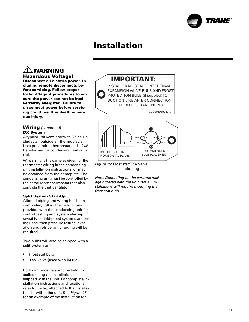 Installation, Important, Warning | Hazardous voltage, Wiring | Trane VUV 750 CFM User Manual | Page 23 / 40