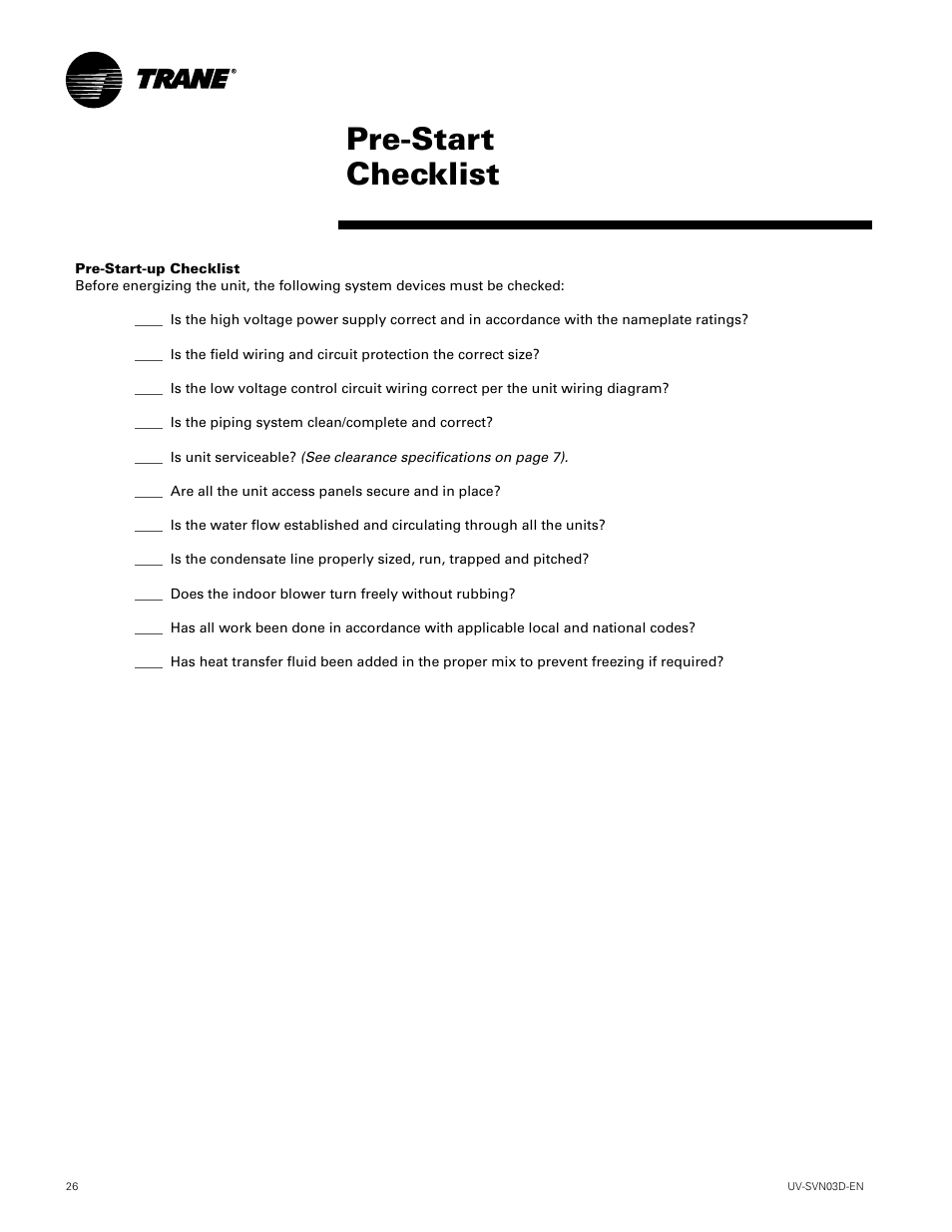Pre-start checklist | Trane VUV 750 CFM User Manual | Page 26 / 40