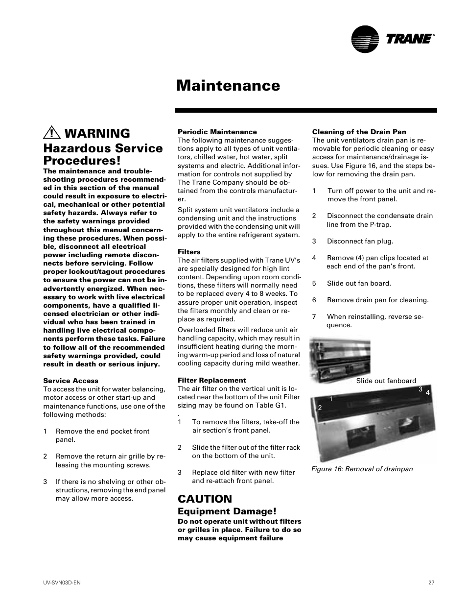 Maintenance, Warning hazardous service procedures, Caution | Trane VUV 750 CFM User Manual | Page 27 / 40