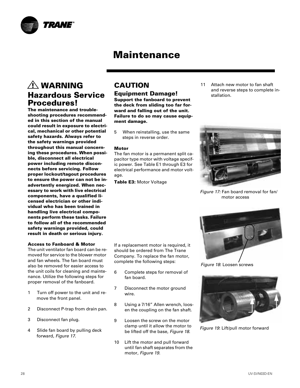 Maintenance, Warning hazardous service procedures, Caution | Equipment damage | Trane VUV 750 CFM User Manual | Page 28 / 40