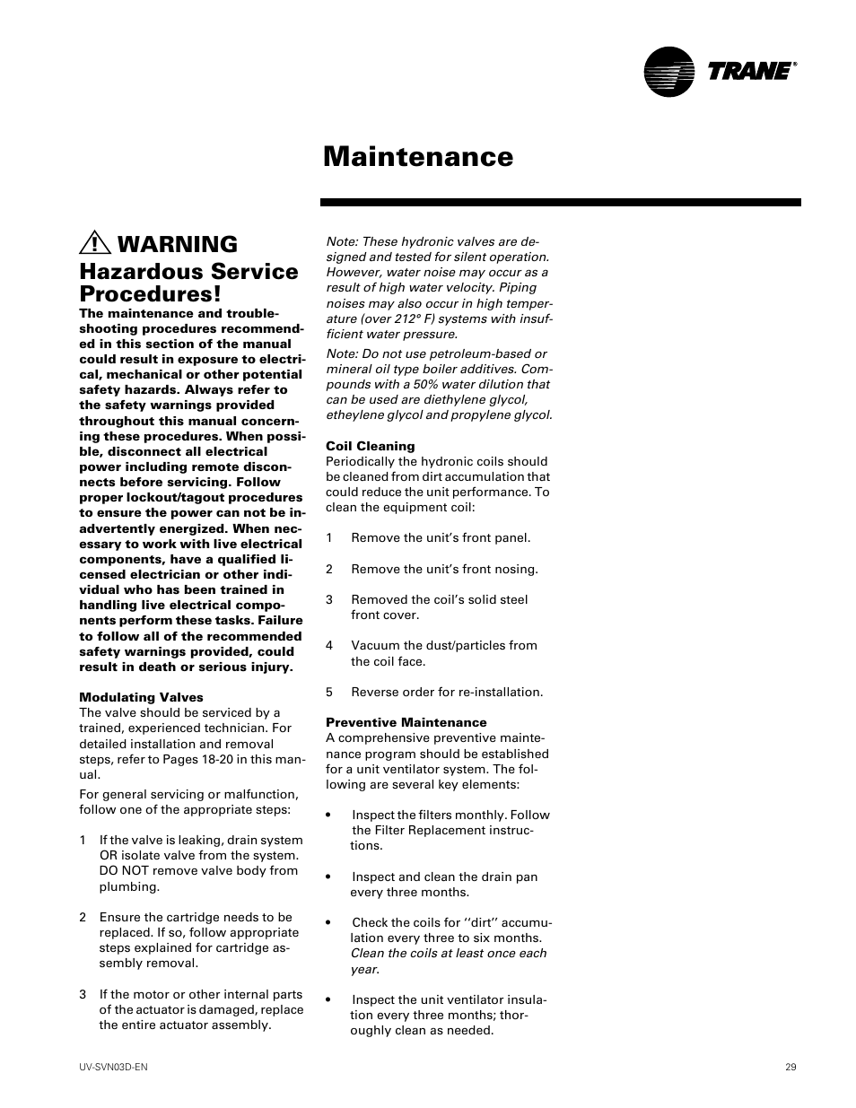 Maintenance, Warning hazardous service procedures | Trane VUV 750 CFM User Manual | Page 29 / 40