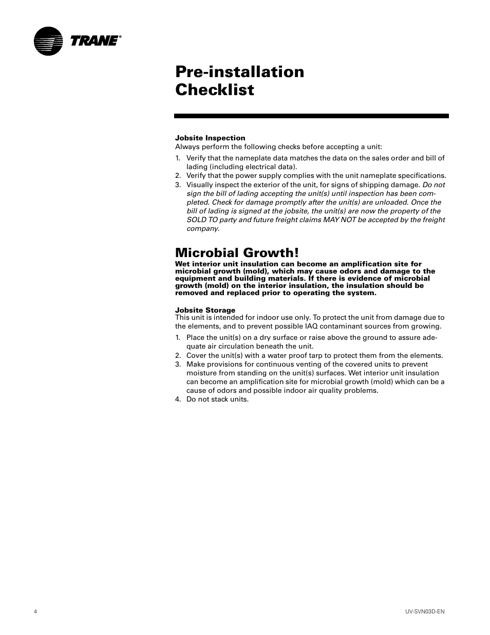 Pre-installation checklist, Microbial growth | Trane VUV 750 CFM User Manual | Page 4 / 40