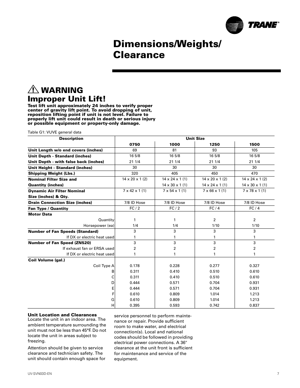 Dimensions/weights/ clearance, Warning improper unit lift | Trane VUV 750 CFM User Manual | Page 7 / 40