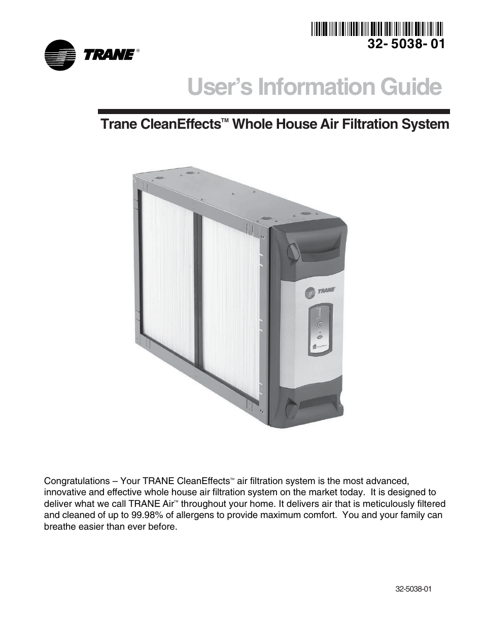 Trane CleanEffects Air Filtration System User Manual | 8 pages