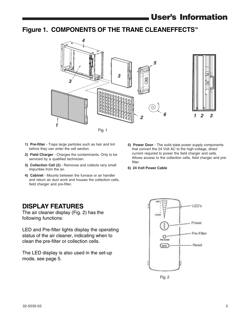 User’s information, Figure 1. components of the trane cleaneffects, Display features | Trane CleanEffects Air Filtration System User Manual | Page 2 / 8