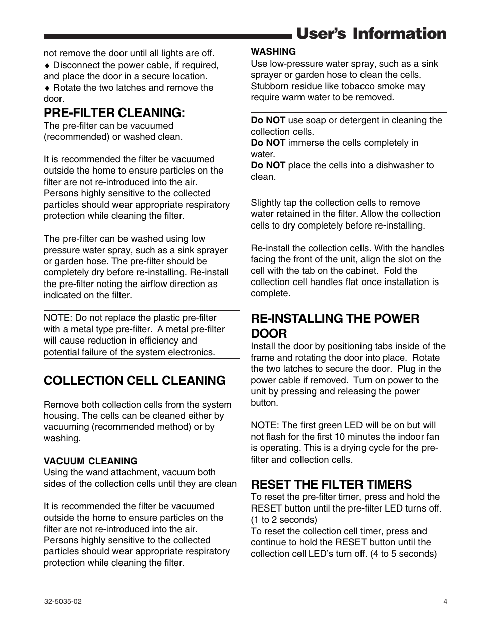 User’s information, Pre-filter cleaning, Collection cell cleaning | Re-installing the power door, Reset the filter timers | Trane CleanEffects Air Filtration System User Manual | Page 4 / 8