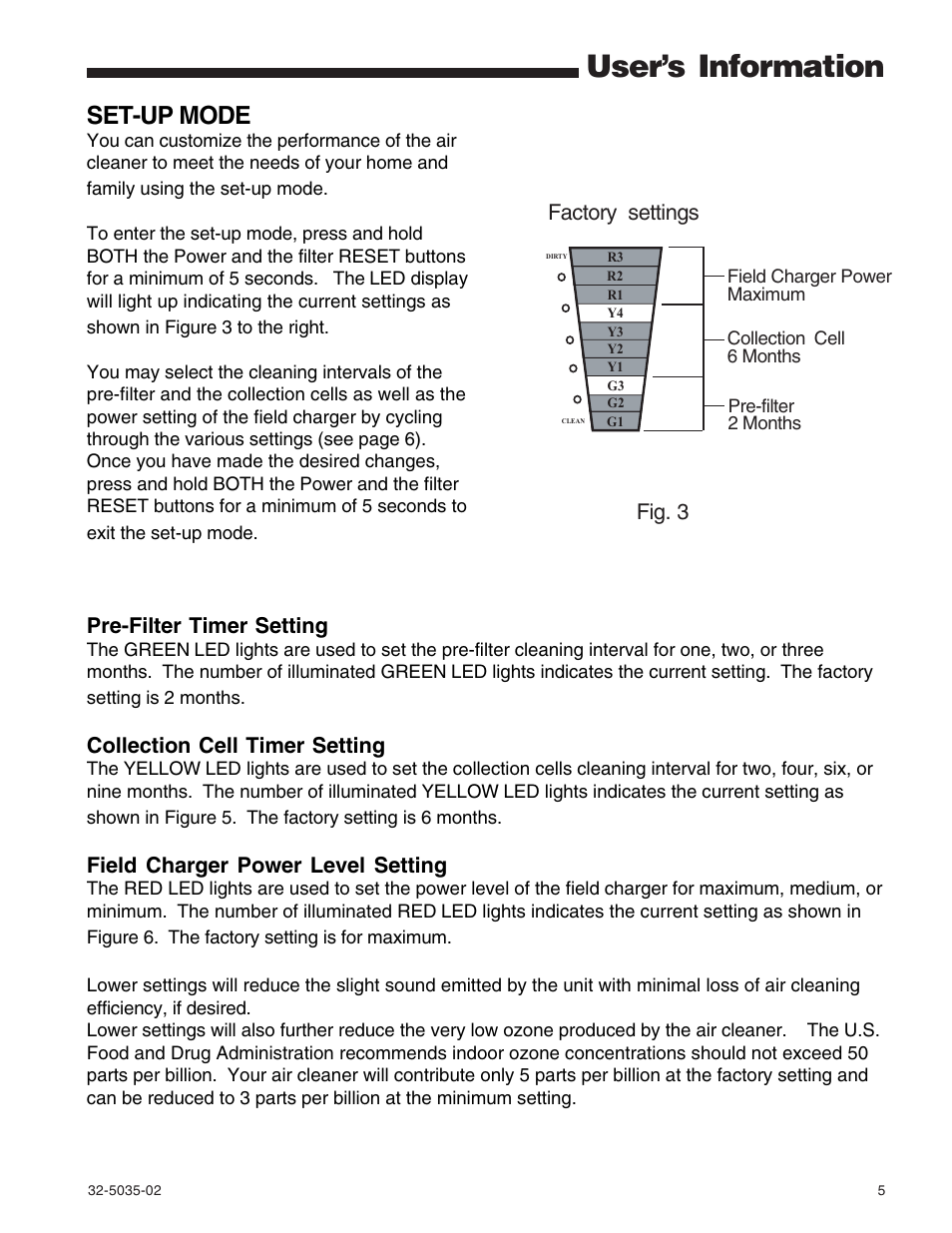 User’s information, Set-up mode, Factory settings | Fig. 3 pre-filter timer setting, Collection cell timer setting, Field charger power level setting | Trane CleanEffects Air Filtration System User Manual | Page 5 / 8