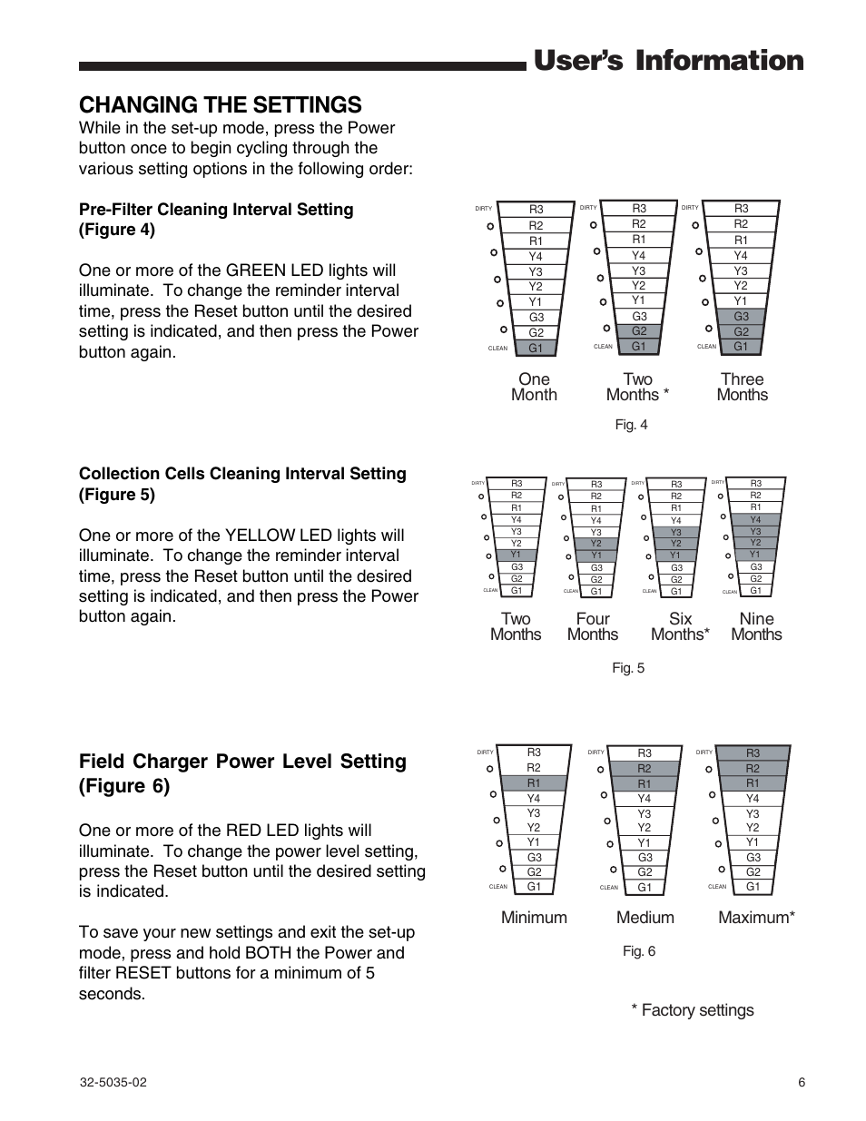 User’s information, Changing the settings, Field charger power level setting (figure 6) | Factory settings | Trane CleanEffects Air Filtration System User Manual | Page 6 / 8