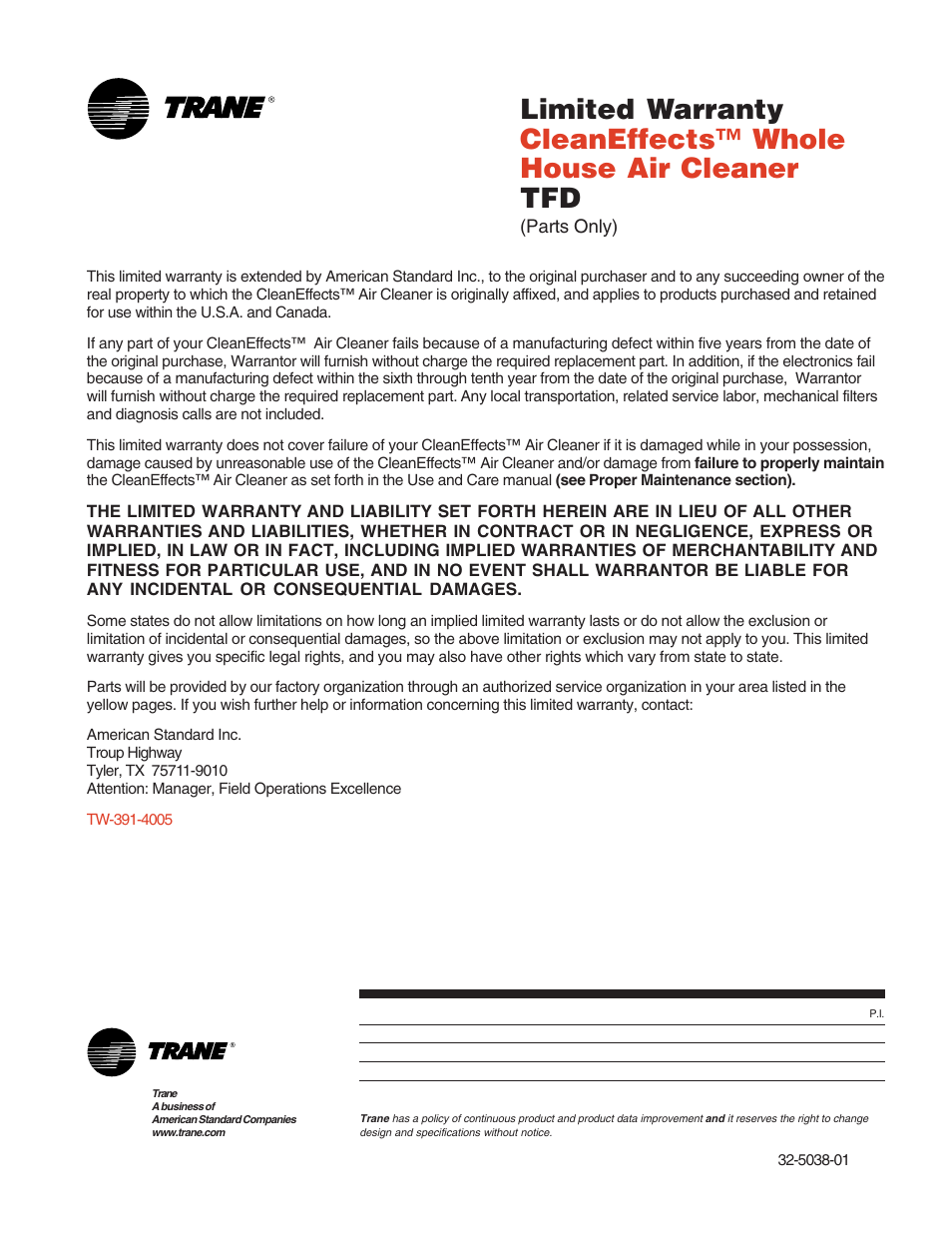 Trane CleanEffects Air Filtration System User Manual | Page 8 / 8