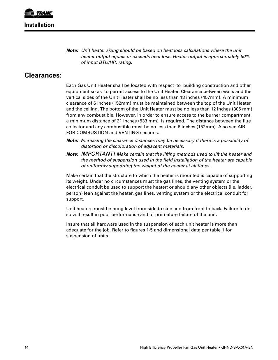 Clearances, Installation | Trane GHND-SVX01A-EN User Manual | Page 14 / 56