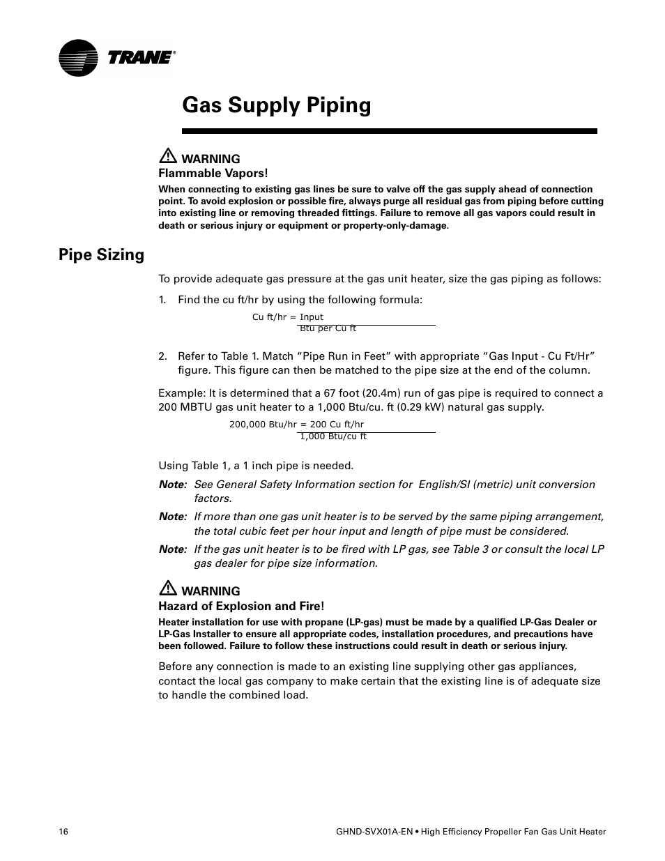 Gas supply piping, Pipe sizing | Trane GHND-SVX01A-EN User Manual | Page 16 / 56