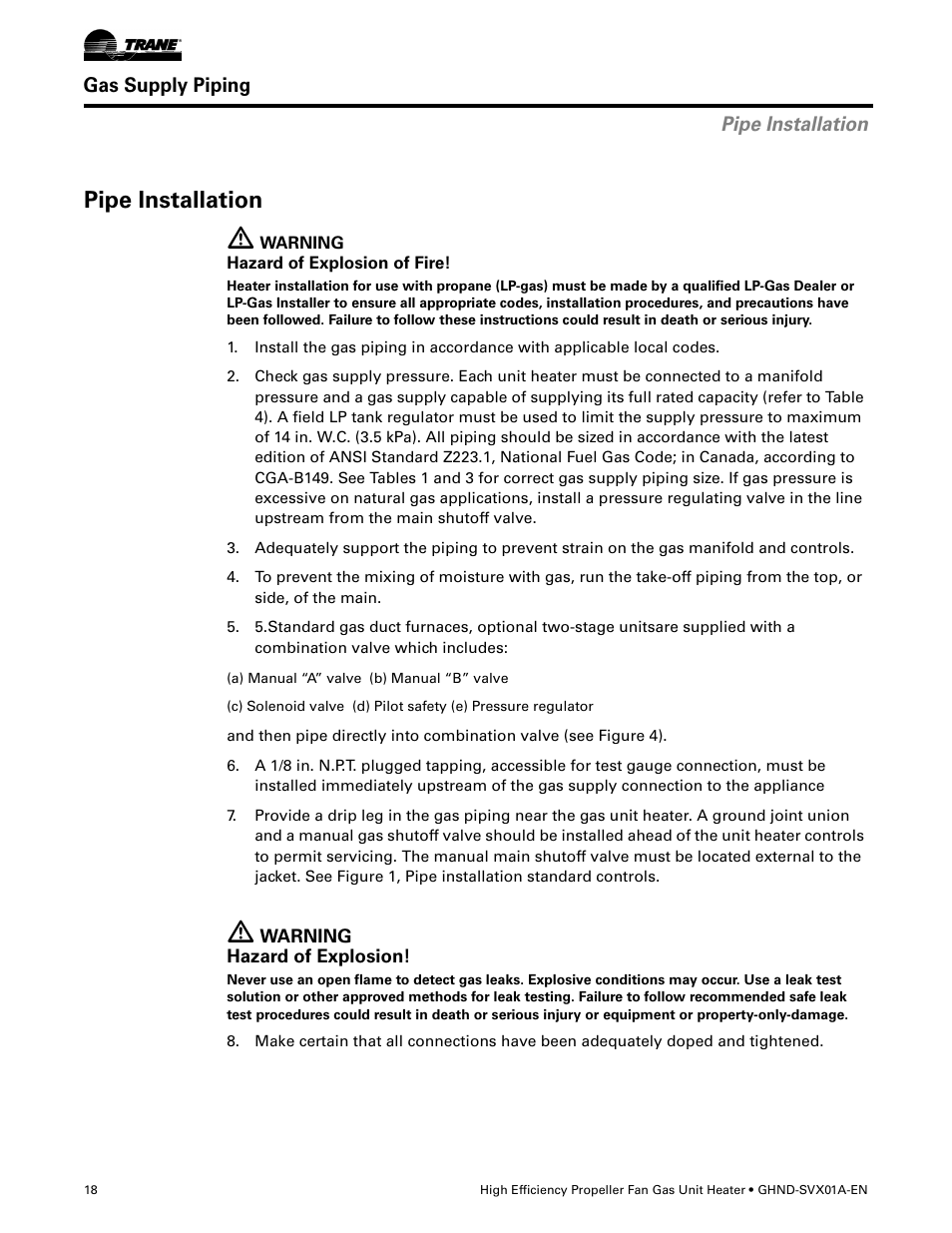 Pipe installation, Gas supply piping | Trane GHND-SVX01A-EN User Manual | Page 18 / 56