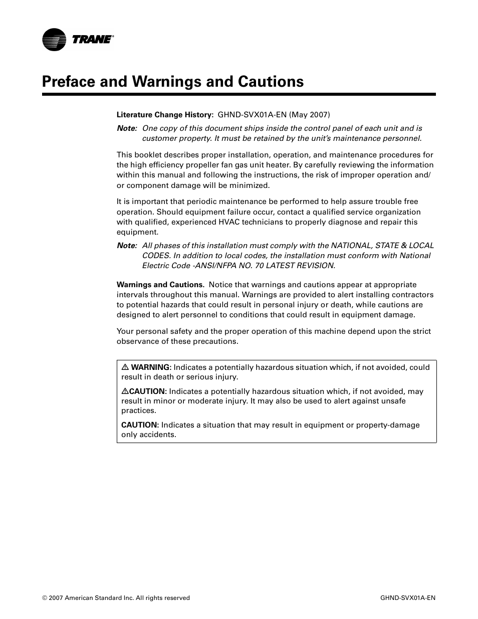 Preface and warnings and cautions | Trane GHND-SVX01A-EN User Manual | Page 2 / 56