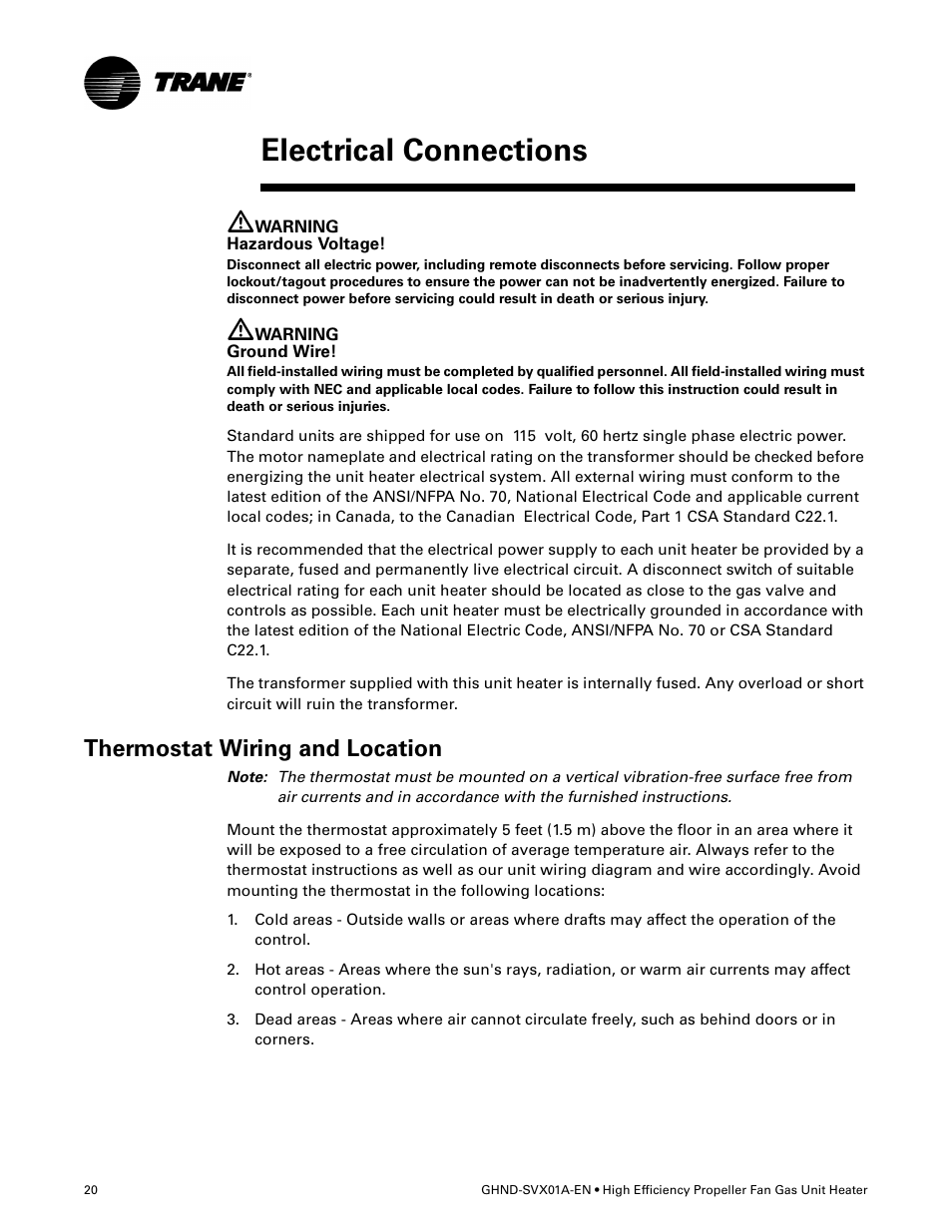Electrical connections, Thermostat wiring and location | Trane GHND-SVX01A-EN User Manual | Page 20 / 56