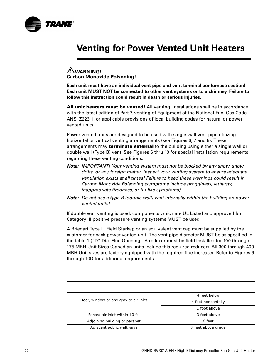 Venting for power vented unit heaters | Trane GHND-SVX01A-EN User Manual | Page 22 / 56