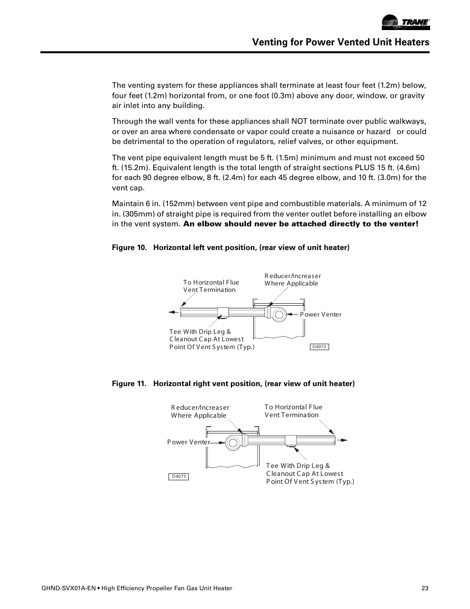 Venting for power vented unit heaters | Trane GHND-SVX01A-EN User Manual | Page 23 / 56