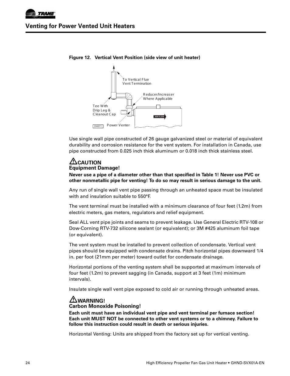 Venting for power vented unit heaters | Trane GHND-SVX01A-EN User Manual | Page 24 / 56