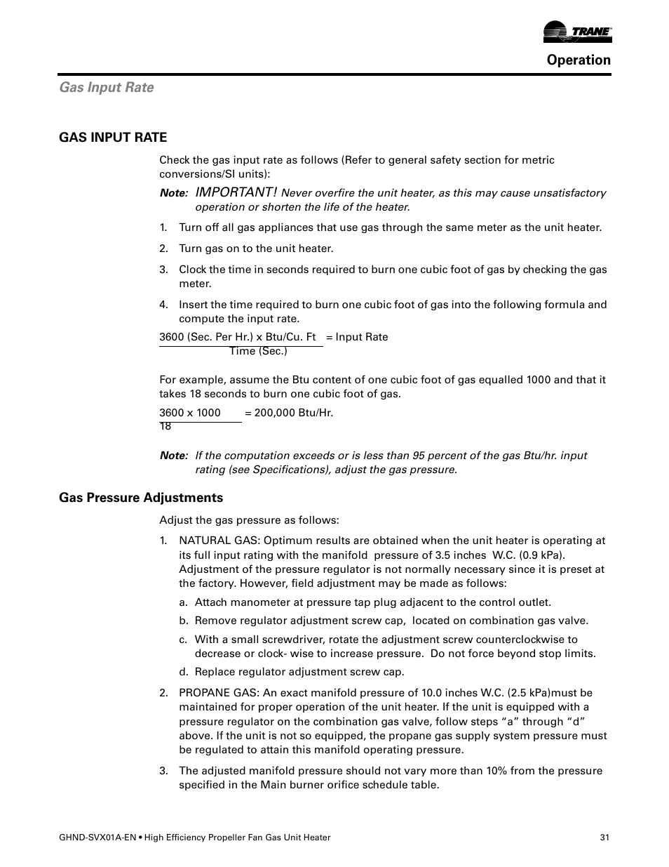 Gas input rate, Gas pressure adjustments, Operation | Trane GHND-SVX01A-EN User Manual | Page 31 / 56