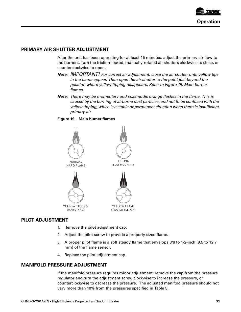 Primary air shutter adjustment, Pilot adjustment, Manifold pressure adjustment | Operation, Important | Trane GHND-SVX01A-EN User Manual | Page 33 / 56