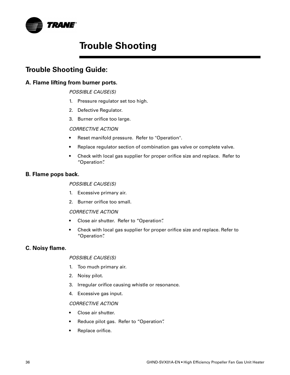 Trouble shooting, Trouble shooting guide, A. flame lifting from burner ports | B. flame pops back, C. noisy flame | Trane GHND-SVX01A-EN User Manual | Page 36 / 56