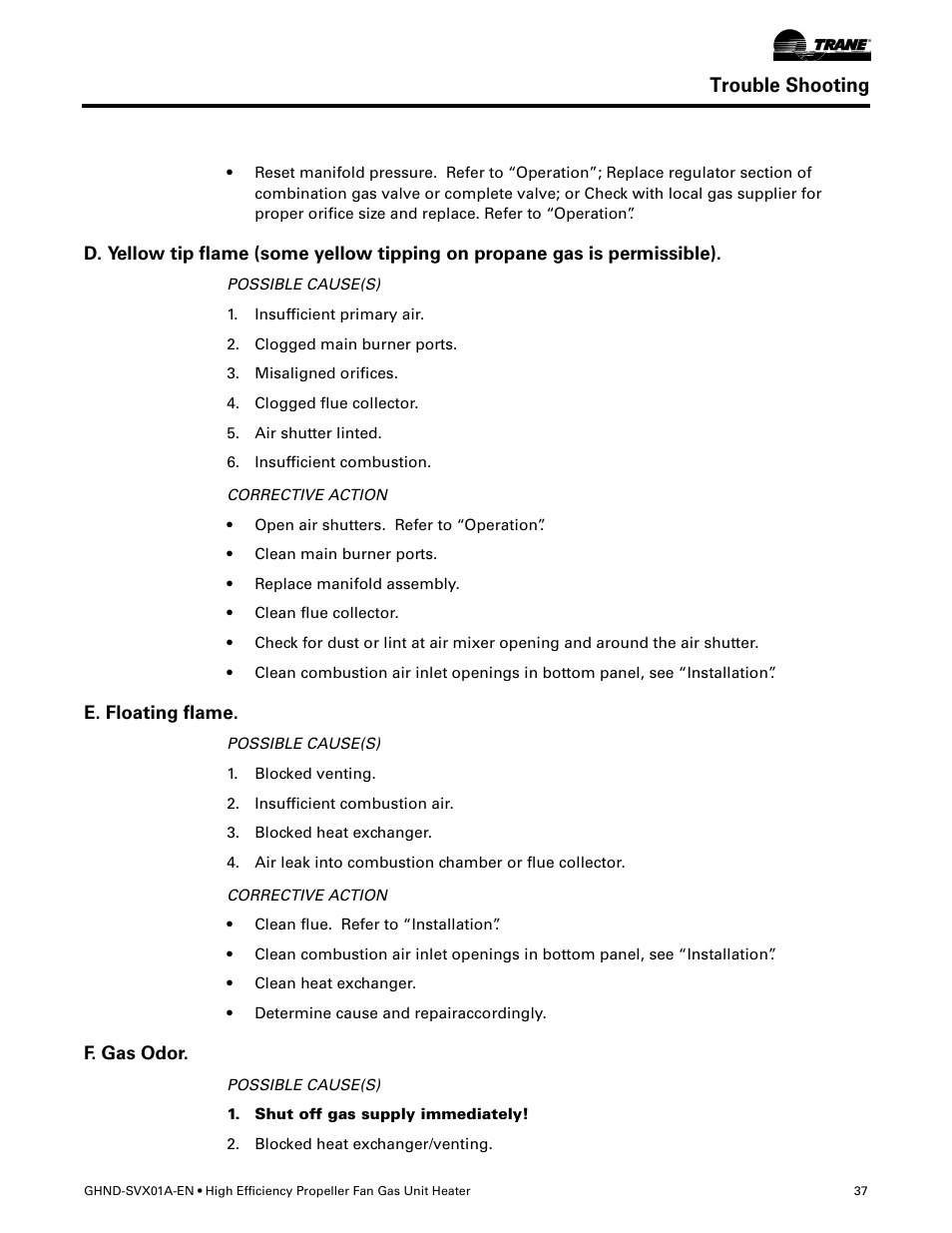 E. floating flame, F. gas odor, Trouble shooting | Trane GHND-SVX01A-EN User Manual | Page 37 / 56