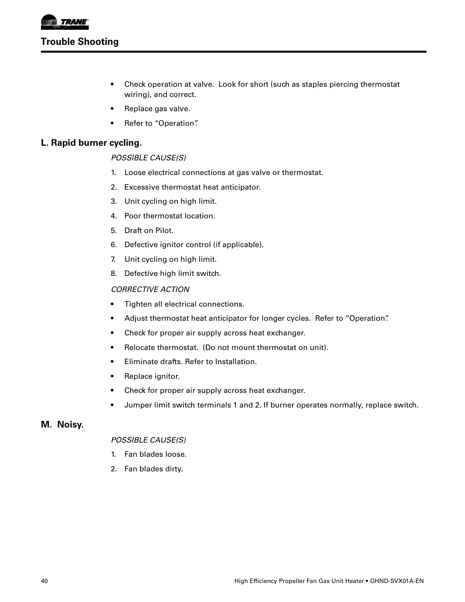 L. rapid burner cycling, M. noisy, Trouble shooting | Trane GHND-SVX01A-EN User Manual | Page 40 / 56