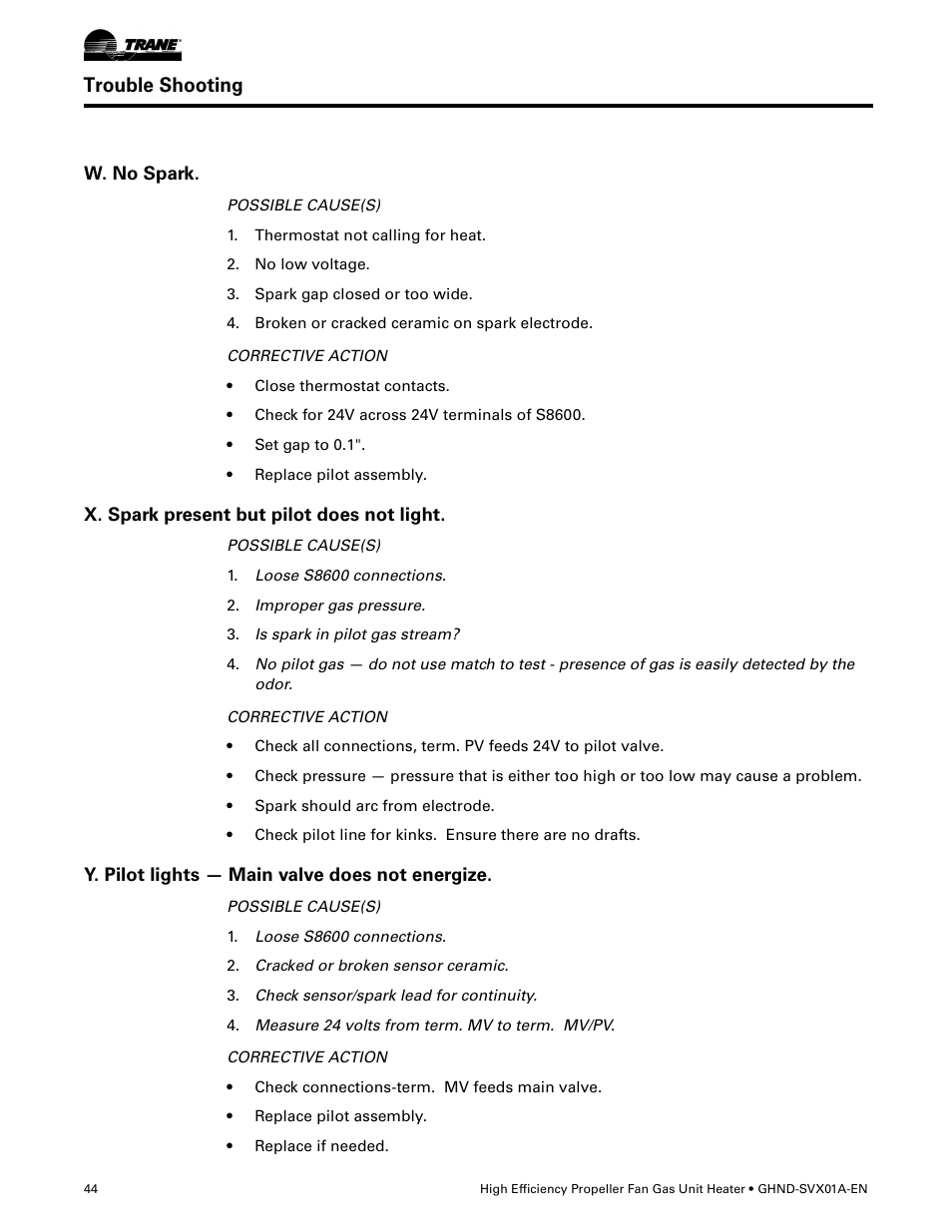 W. no spark, X. spark present but pilot does not light, Y. pilot lights - main valve does not energize | Trouble shooting | Trane GHND-SVX01A-EN User Manual | Page 44 / 56