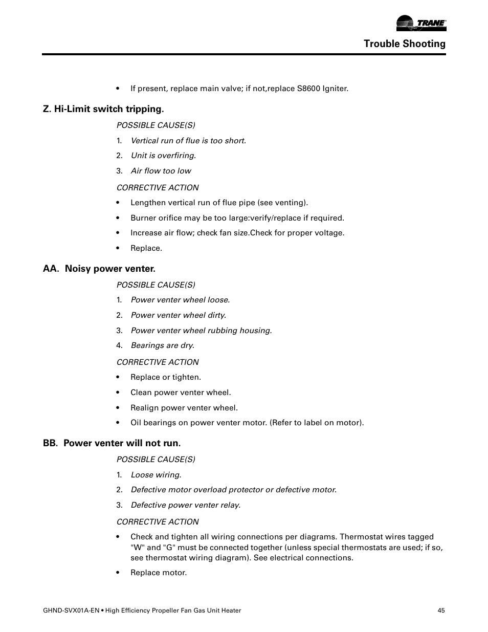 Z. hi-limit switch tripping, Aa. noisy power venter, Bb. power venter will not run | Trouble shooting | Trane GHND-SVX01A-EN User Manual | Page 45 / 56