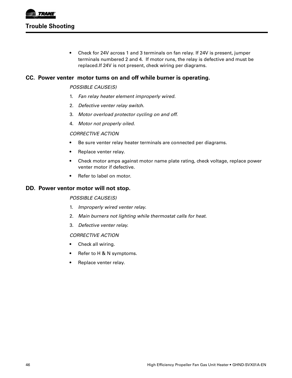 Dd. power ventor motor will not stop, Trouble shooting | Trane GHND-SVX01A-EN User Manual | Page 46 / 56