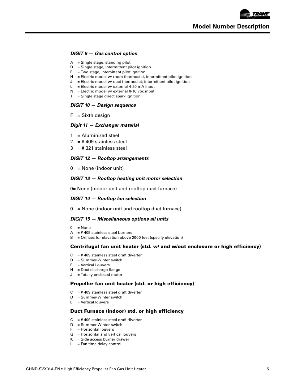 Model number description | Trane GHND-SVX01A-EN User Manual | Page 5 / 56