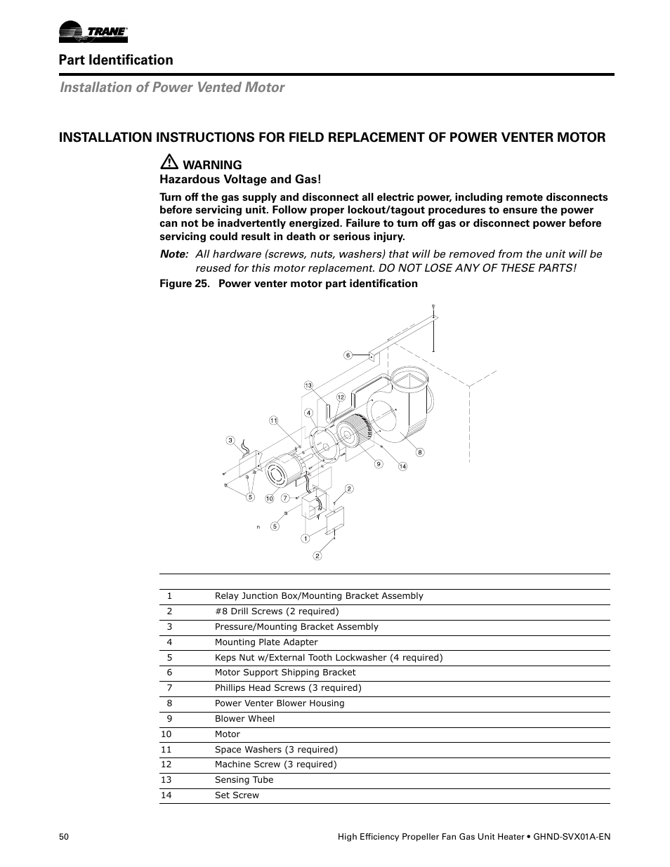 Part identification, Installation of power vented motor, Warning hazardous voltage and gas | Trane GHND-SVX01A-EN User Manual | Page 50 / 56
