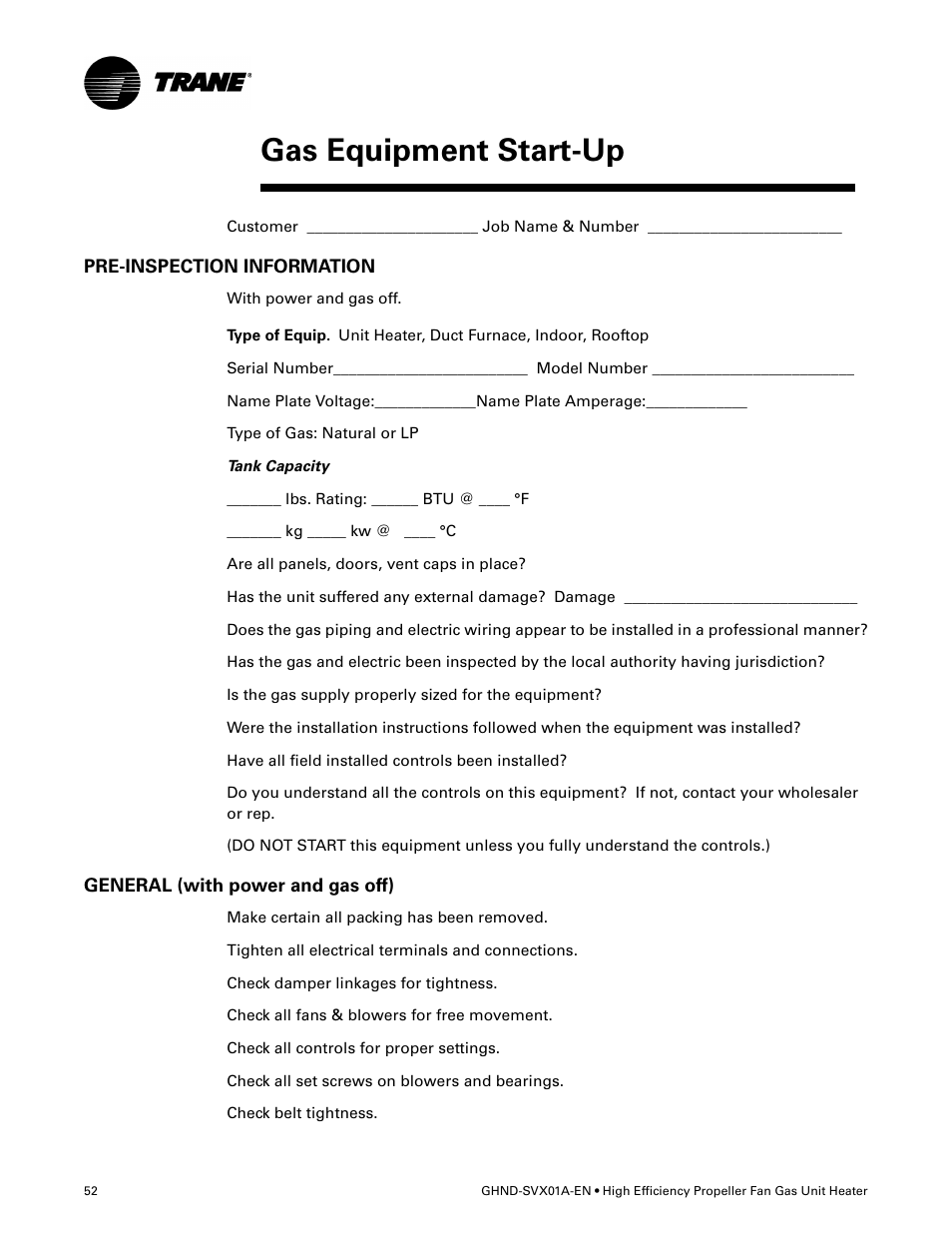 Gas equipment start-up, Pre-inspection information, General (with power and gas off) | Trane GHND-SVX01A-EN User Manual | Page 52 / 56