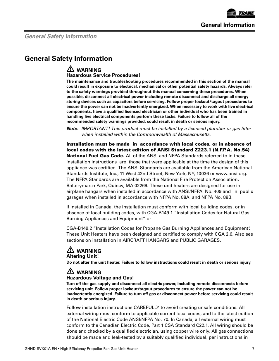 General safety information | Trane GHND-SVX01A-EN User Manual | Page 7 / 56