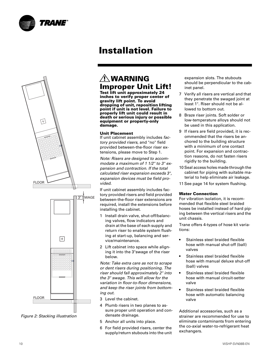 Installation, Warning improper unit lift | Trane GETB User Manual | Page 10 / 32