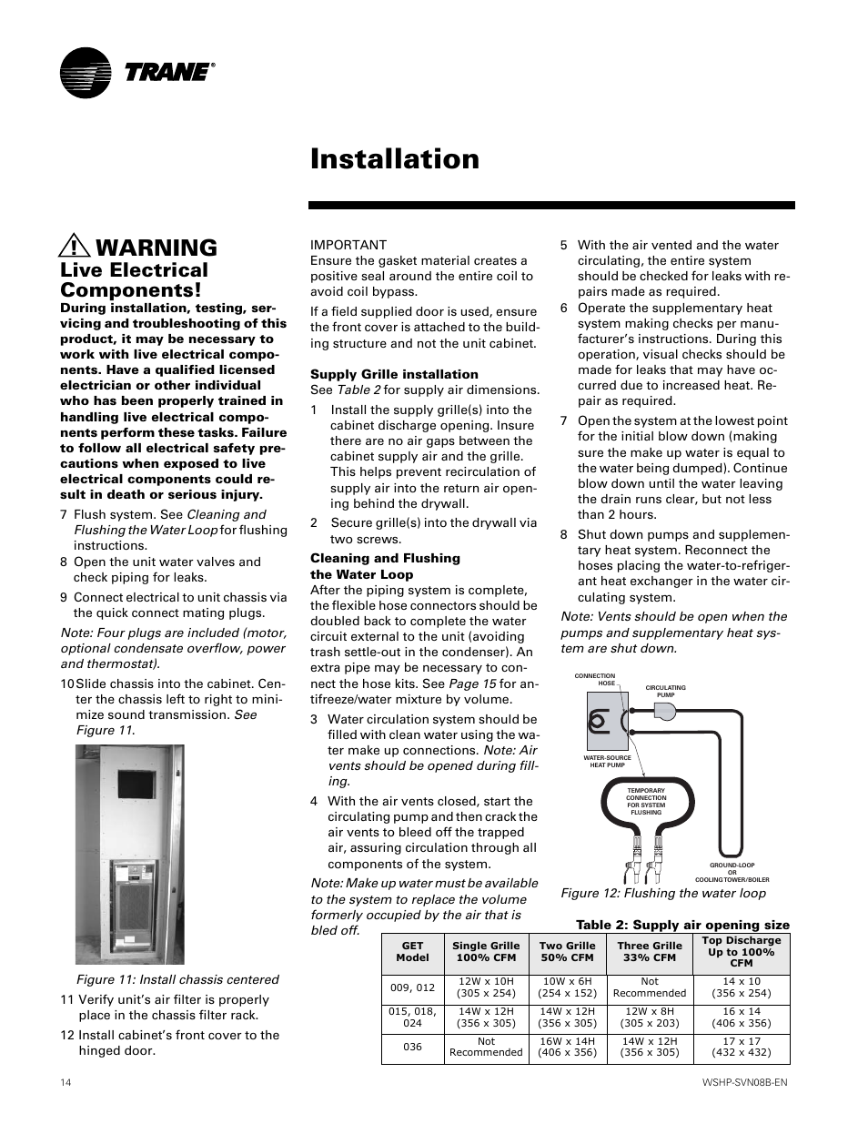 Installation, Warning, Live electrical components | Trane GETB User Manual | Page 14 / 32
