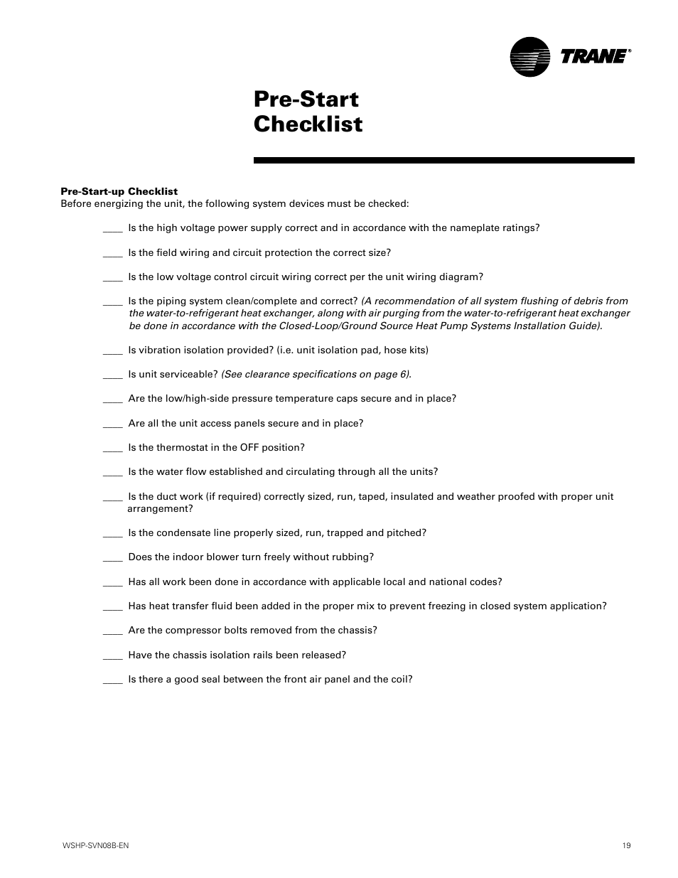 Prestart checklist, Pre-start checklist | Trane GETB User Manual | Page 19 / 32