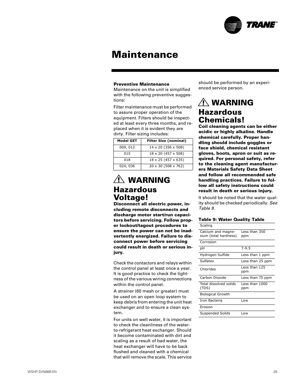 Maintenance, Warning hazardous voltage, Warning hazardous chemicals | Trane GETB User Manual | Page 25 / 32