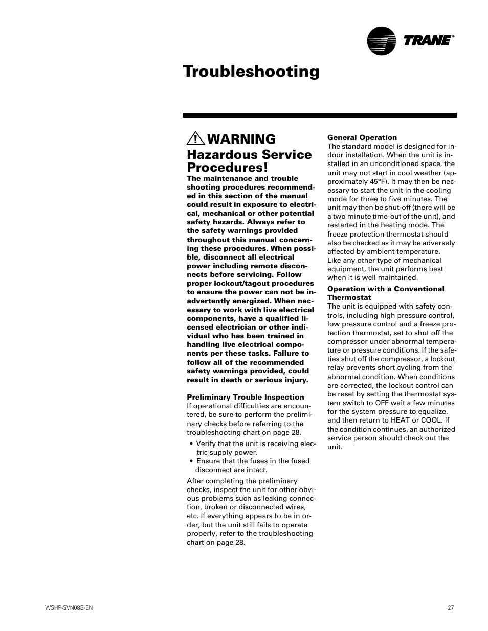 Troubleshooting, Warning hazardous service procedures | Trane GETB User Manual | Page 27 / 32