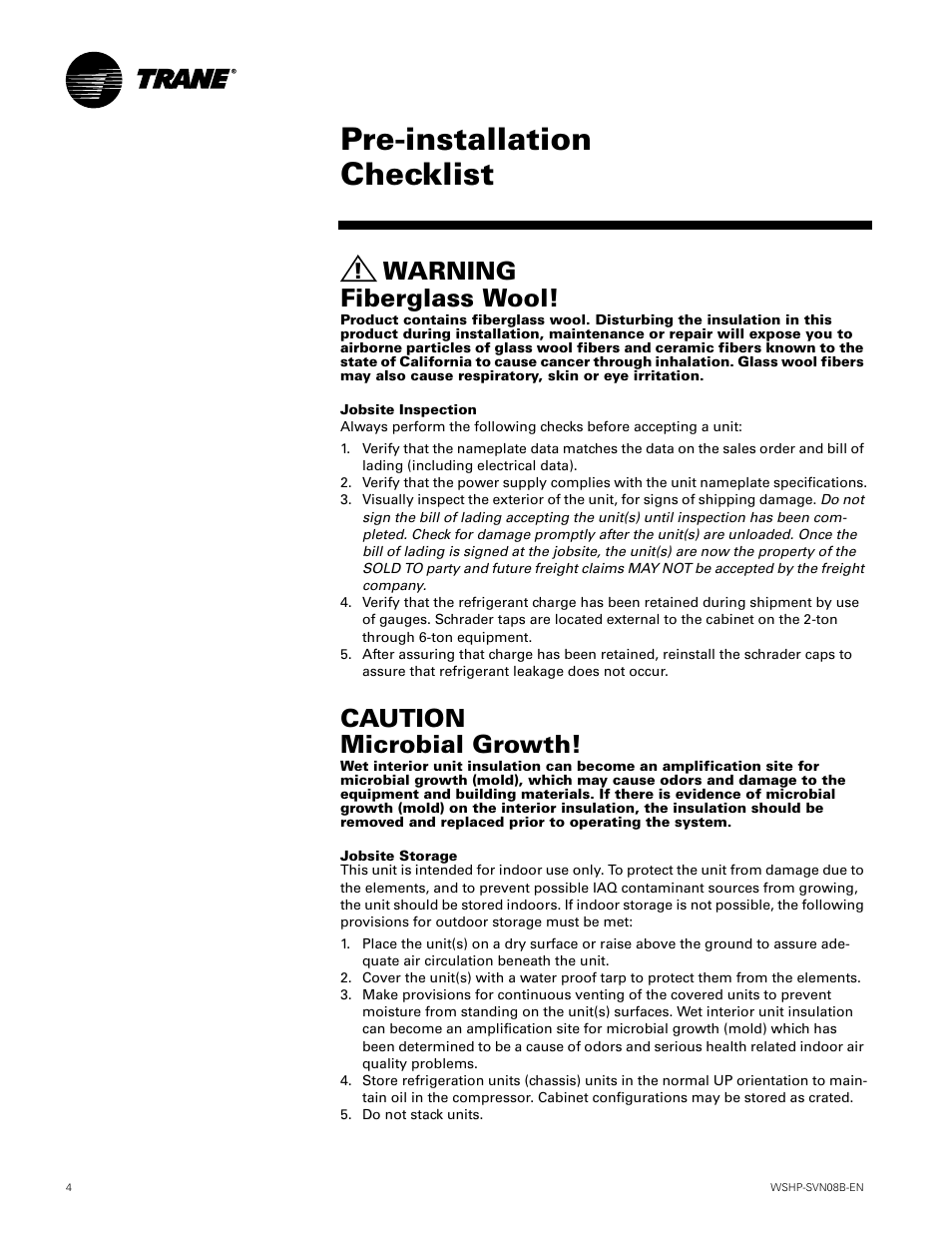 Pre-install checklist, Pre-installation checklist, Warning fiberglass wool | Caution microbial growth | Trane GETB User Manual | Page 4 / 32