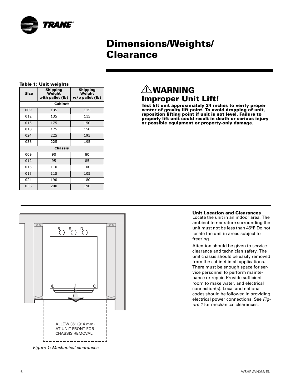 Dimensions/weights, Dimensions/weights/ clearance, Warning improper unit lift | Trane GETB User Manual | Page 6 / 32