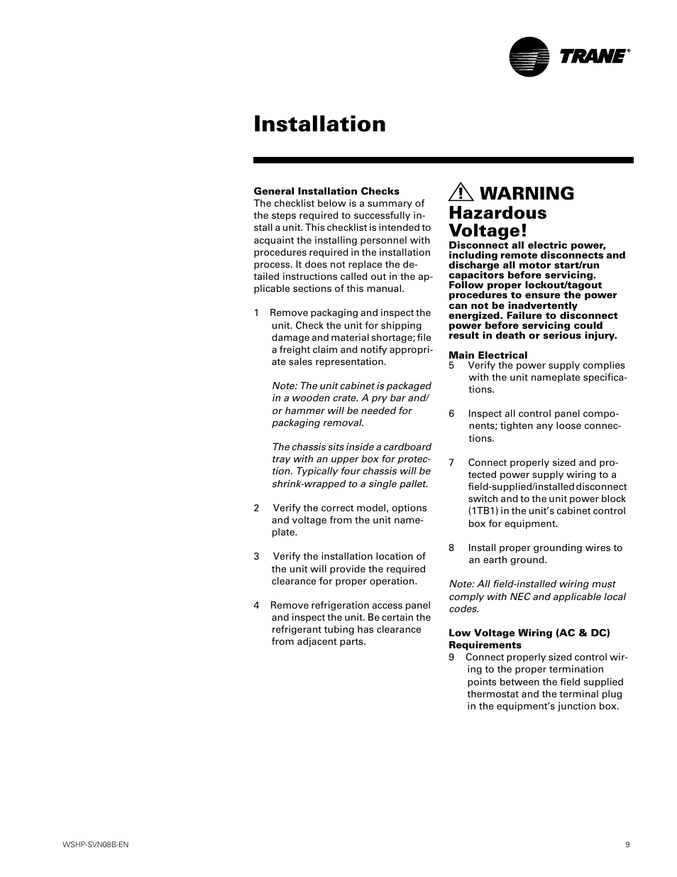 Installation, Warning hazardous voltage | Trane GETB User Manual | Page 9 / 32