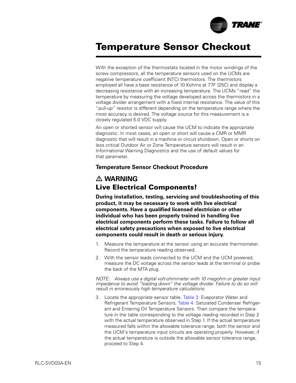 Temperature sensor checkout procedure, Temperature sensor checkout, Ƽ warning live electrical components | Trane RTWA 70-125 TON User Manual | Page 15 / 88