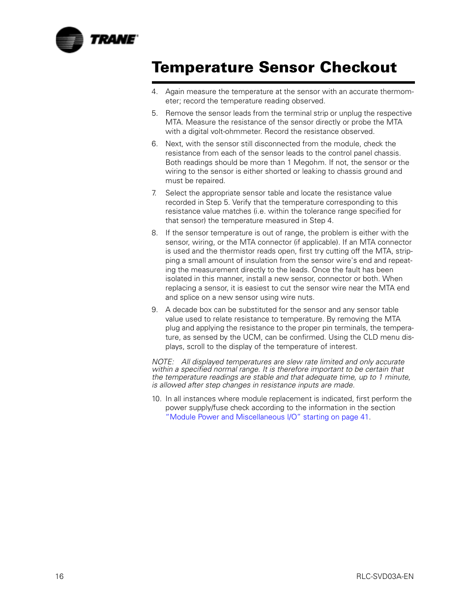 Temperature sensor checkout | Trane RTWA 70-125 TON User Manual | Page 16 / 88