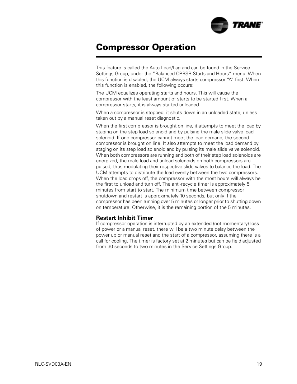 Restart inhibit timer, Compres, Compressor operation | Trane RTWA 70-125 TON User Manual | Page 19 / 88