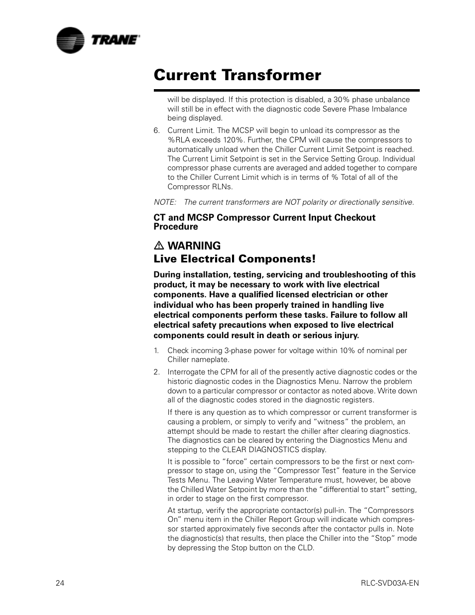 Current transformer, Ƽ warning live electrical components | Trane RTWA 70-125 TON User Manual | Page 24 / 88