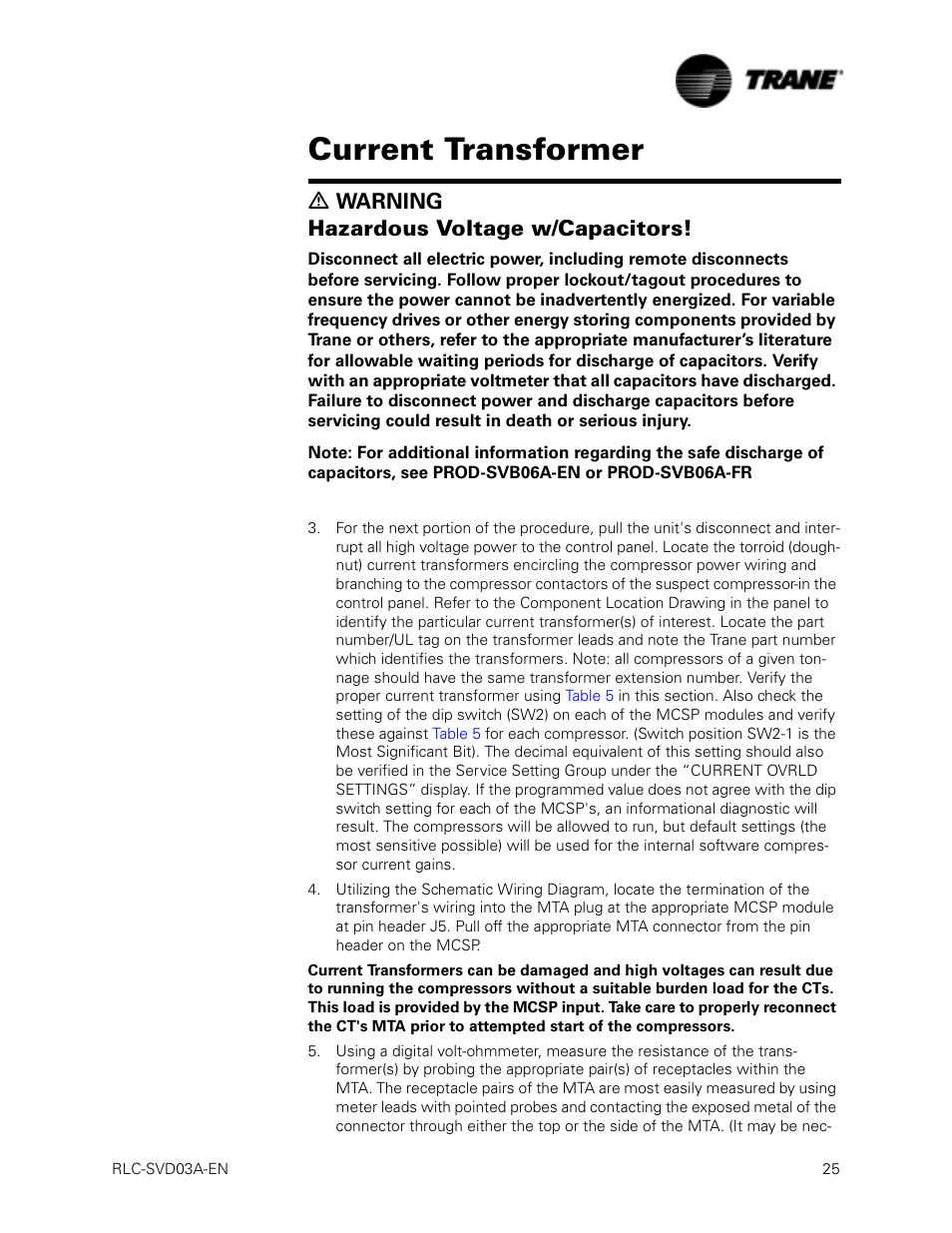 Current transformer, Ƽ warning hazardous voltage w/capacitors | Trane RTWA 70-125 TON User Manual | Page 25 / 88