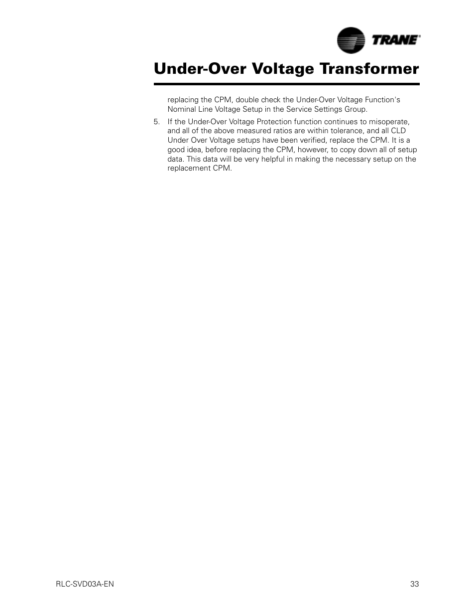 Under-over voltage transformer | Trane RTWA 70-125 TON User Manual | Page 33 / 88