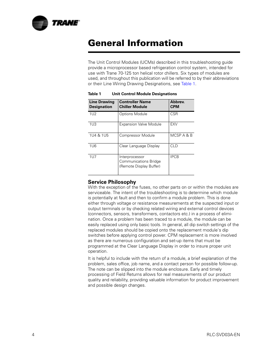 Service philosophy, General information service philosophy, General information | Trane RTWA 70-125 TON User Manual | Page 4 / 88