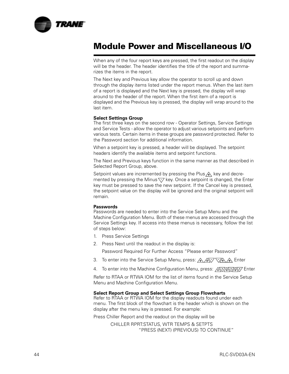 Select settings group, Passwords, Module power and miscellaneous i/o | Trane RTWA 70-125 TON User Manual | Page 44 / 88